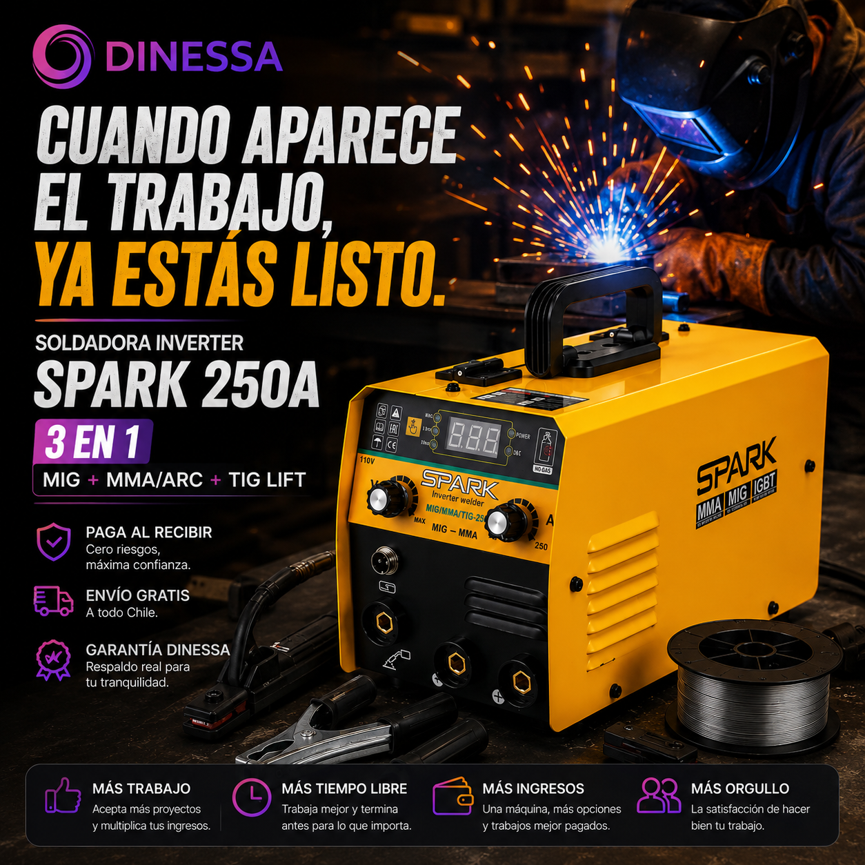 Soldadora Inverter SPARK 250A 3 en 1 – MIG + MMA + TIG Lift