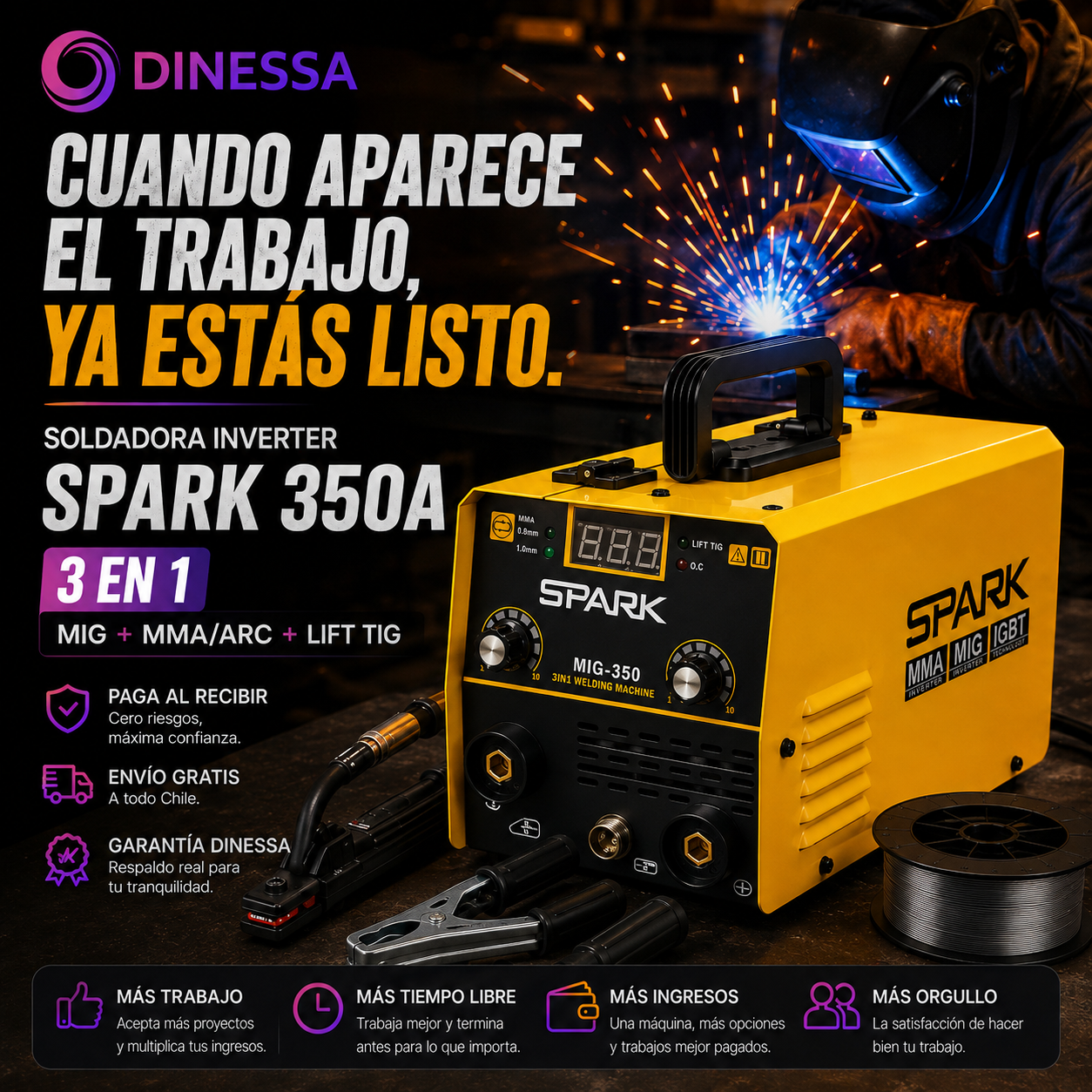 Soldadora Inverter SPARK MIG-350 350A 3 en 1 – MIG + MMA/ARC + Lift TIG