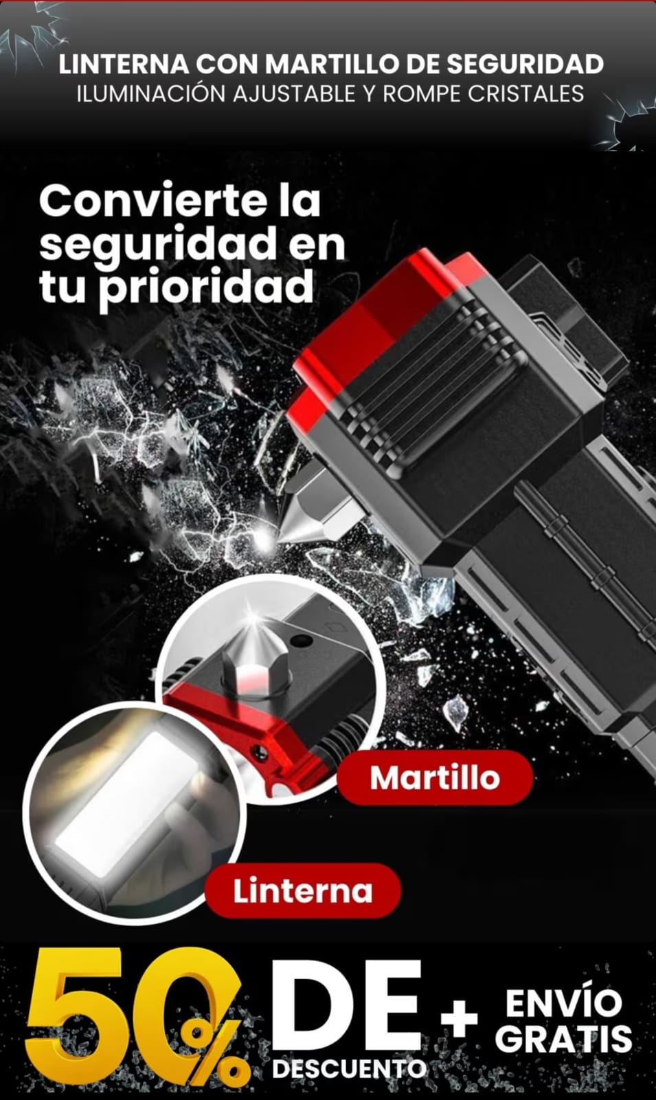 Linterna con Martillo de Seguridad, Iluminación Ajustable y Rompe Vidrio💪🏼