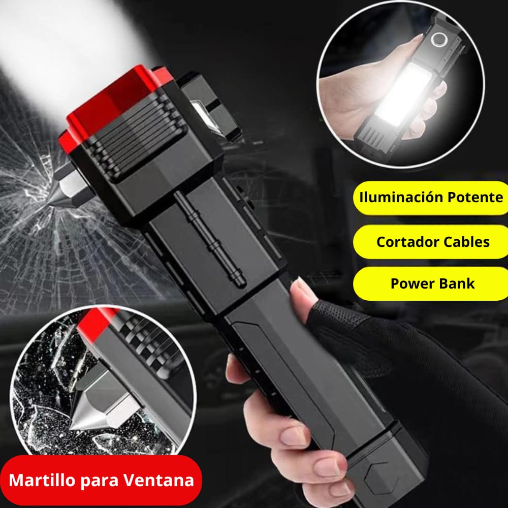 Linterna con Martillo de Seguridad, Iluminación Ajustable y Rompe Vidrio💪🏼