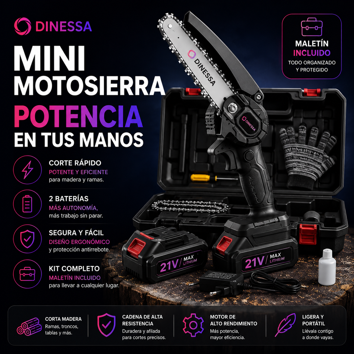 Mini Motosierra Tasbel™ 6" – Poda Fácil + 2 Baterías de Regalo