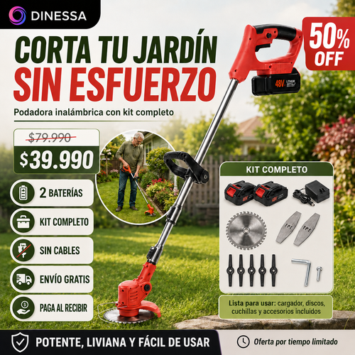 Podadora Inalámbrica Turbo Blade™ | Corta Césped, Maleza y Bordes | 2 Baterías | Paga al Recibir