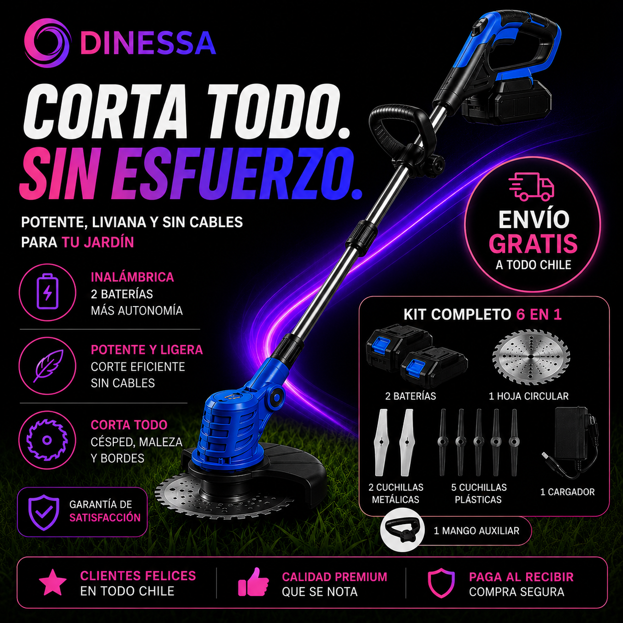Podadora Inalámbrica Turbo Blade™ | Corta Césped, Maleza y Bordes | 2 Baterías | Paga al Recibir