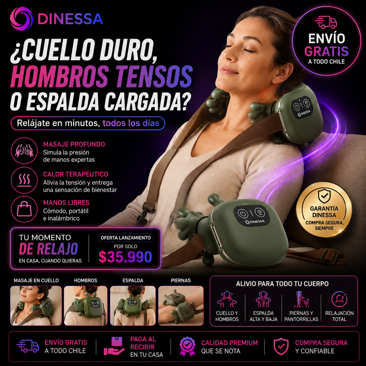Masajeador Manitos™ Profesional | Alivia Cuello, Espalda, Hombros y Piernas | Calor Terapéutico | Paga al Recibir