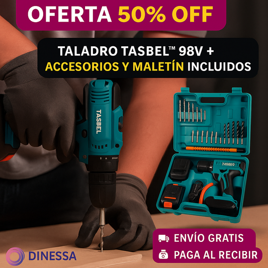 Taladro Inalámbrico Tasbel™ 98V | Potencia Profesional con 2 Baterías, Maletín Premium y Set Completo